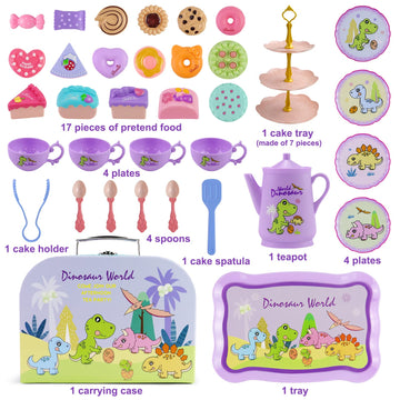 Motiloo 41 Pcs Dinosaurs Kids Tea Party Set with Carrying Case & Sweet Treats Playset - Pretend Toy Tin Tea Set for Little Girls