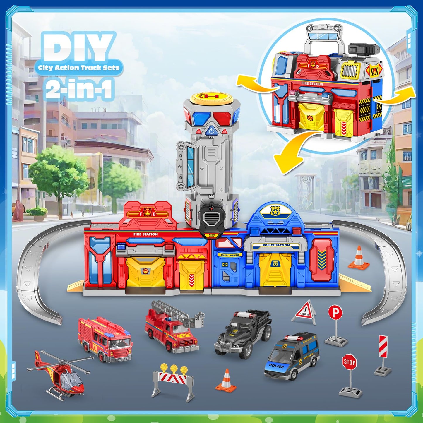 Ochido Boys Toys For 3 4 5 6 Years Old,Large City Action Playset Kit With Lights Sounds,Walkie-Talkie,Foldable Police & Fire Station Transform Track Toy With 4 Cars,Helicopter,7 Accessories