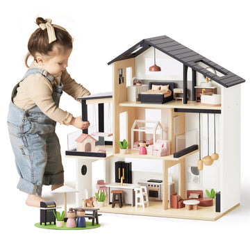 Tiny Land Doll House, Modern Family Dollhouse With Realistic Design, Wooden Dollhouse With 53Pcs Furniture - Ideal Gift For Kids Ages 3+