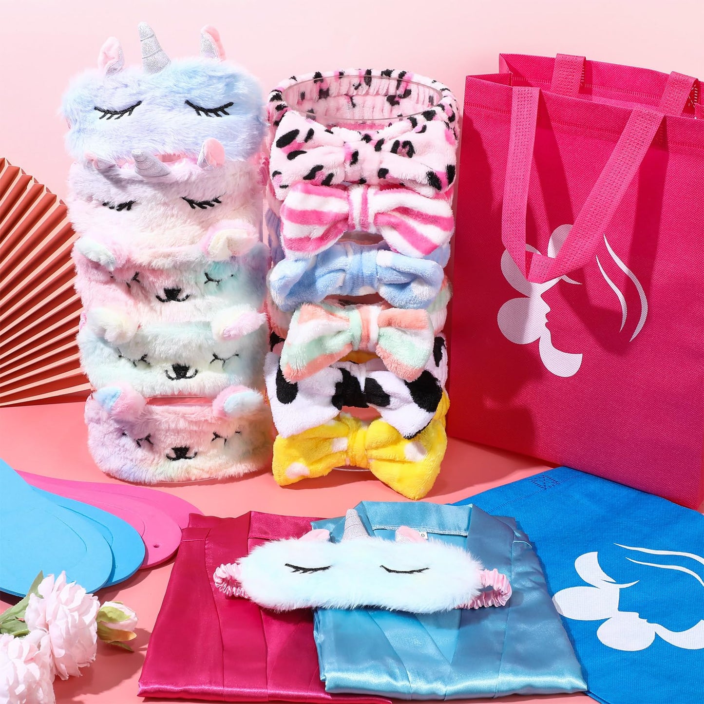 Shihanee 30 Pcs Spa Party Supplies for Girls, 6 Satin Robe 6 Kids Slippers Sleepover Birthday Spa Party Favors (Rose Red, Blue)