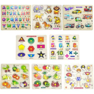 Appster Jumbo Size Educational Colorful Animals, Fruits, Vegetables, Abcd, Numbers, Body Parts, Shape Color & Vehicles Wooden Pu