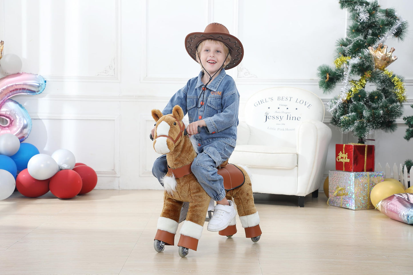 PONYEEHAW Ride on Horse Toy for Kids, Brown Plush Animal, 25.9" L x 12.2" W x 28.3" H, Ages 3-