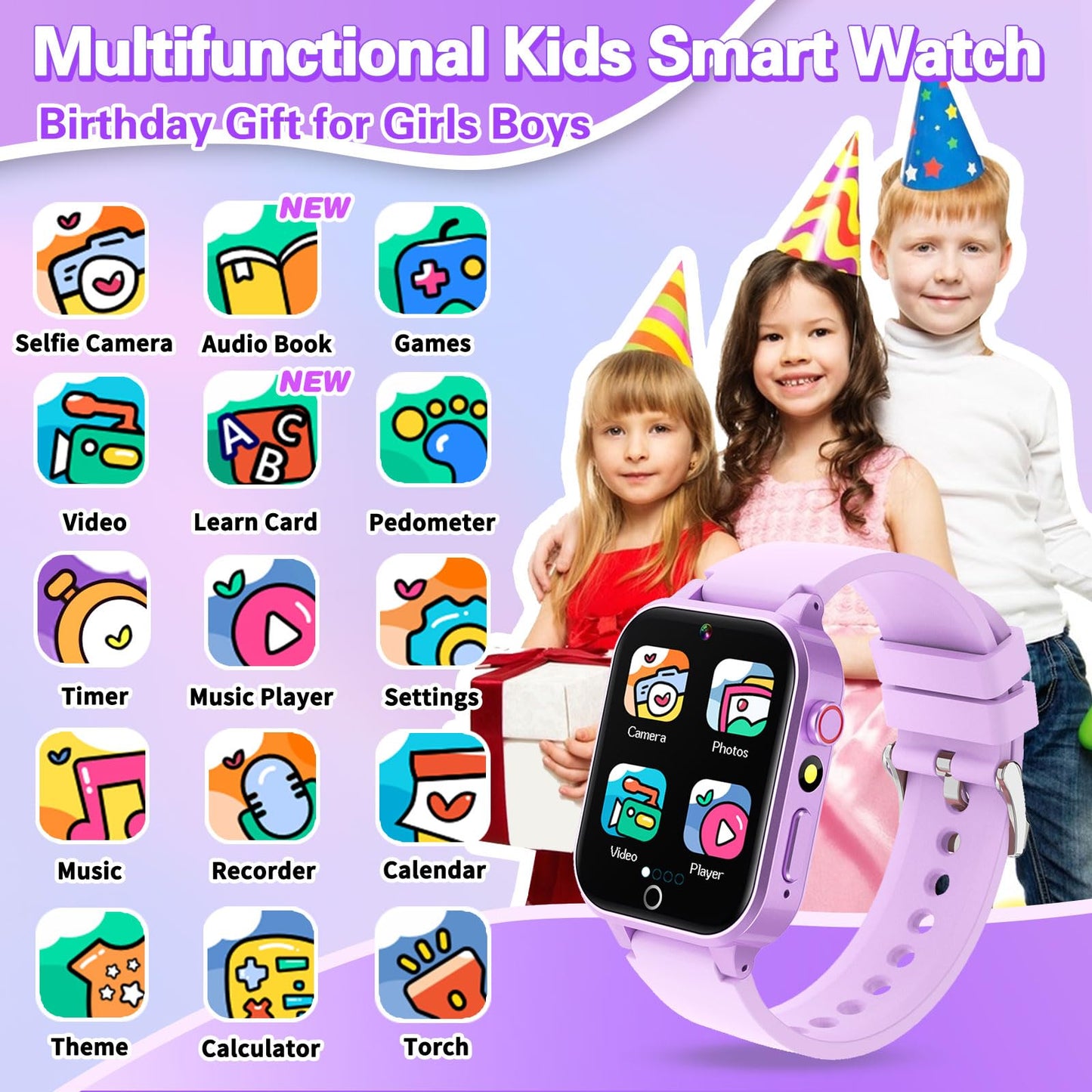 Vakzovy Kids Smart Watch - Purple HD Touchscreen, 26 Games, Camera, Music Player, Pedometer - Educational Gift for Girls Ages 6-12
