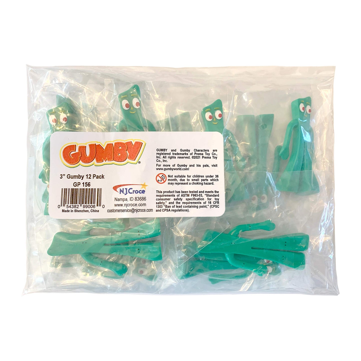 NJ Croce Gumby Mini Figures - 3-inch Bendable Plastic Toys, Green, Pack of 12, Model GP-106-H