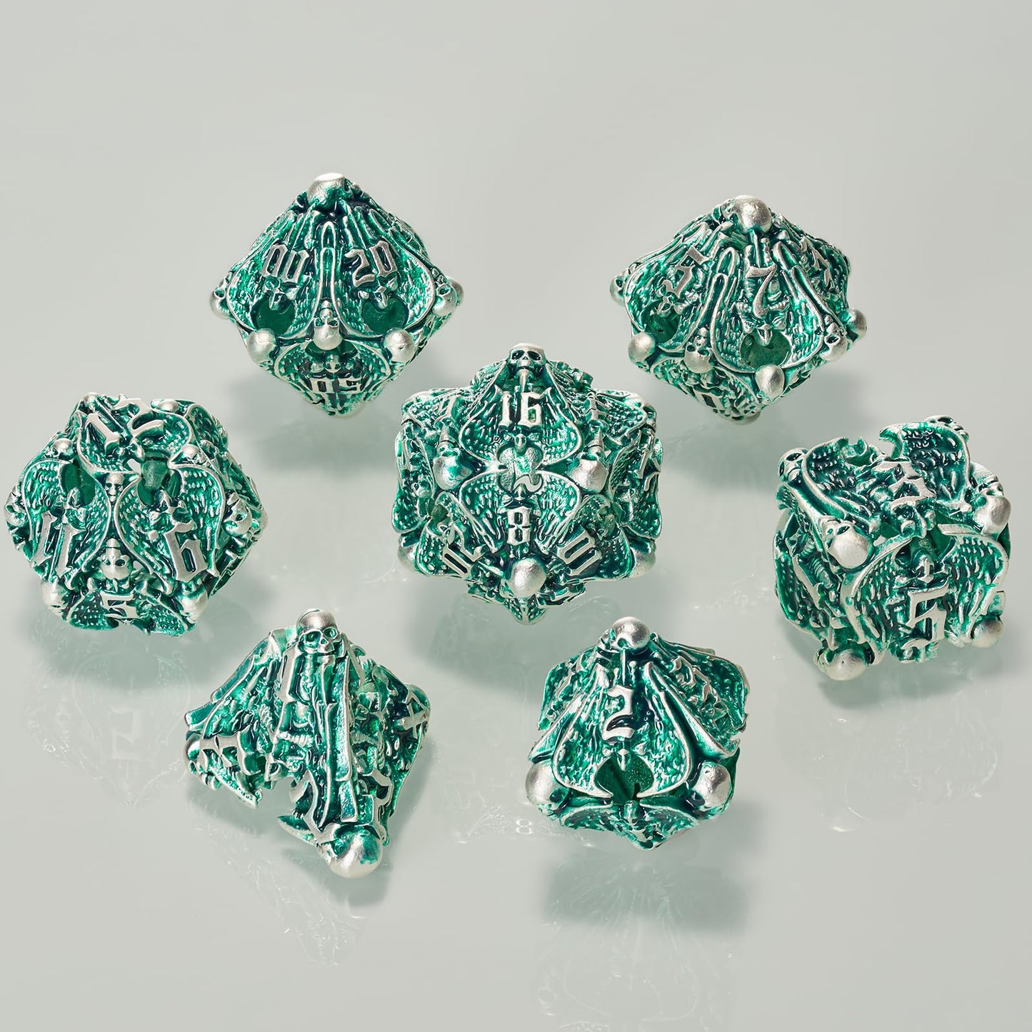DND Dice,HNCCESG Hollow Metal Set 7 Pcs for Dungeons and Dragon,D and D GIFS of Tabletop Game (Matte Green White Skull)