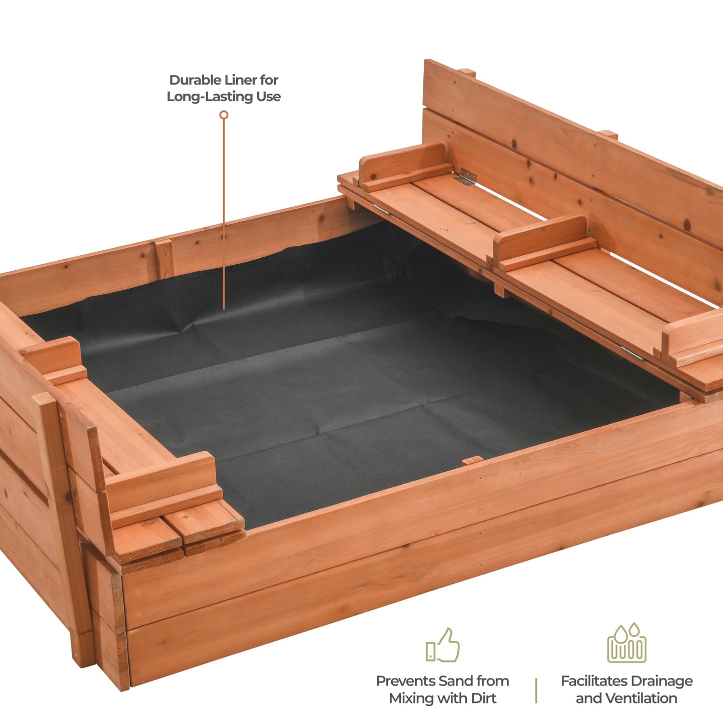 Large Wooden Kids Sandbox With Lid - Outdoor Sand Box For Kids With Cover Sand Protection, Foldable Bench Seats And Bottom Liner