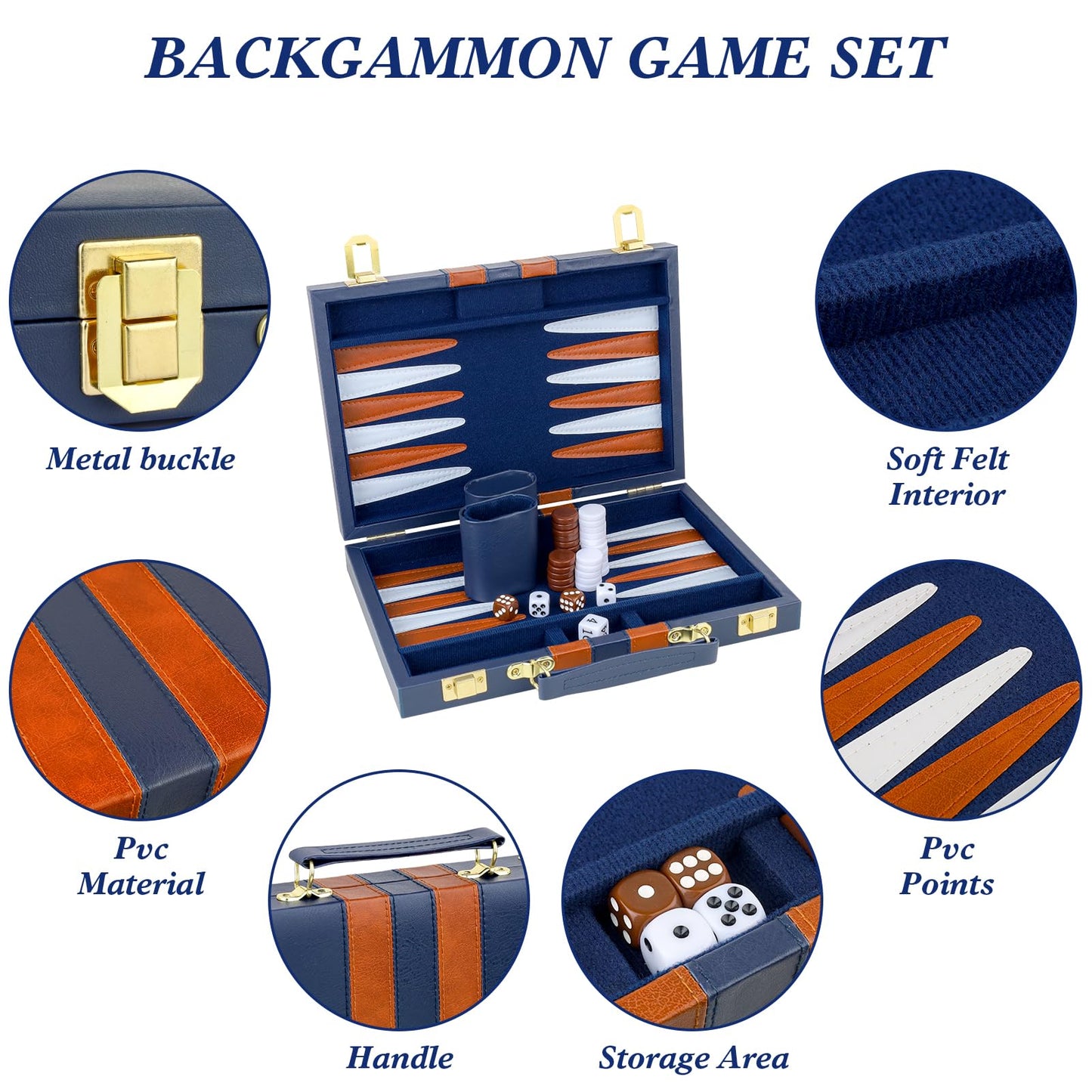 Reriver Backgammon Set 2 Players Classic Backgammon Sets For Adults Board Game With Pu Leather Case Portable And Travel Backgammon Set (Navy, 11Inch)