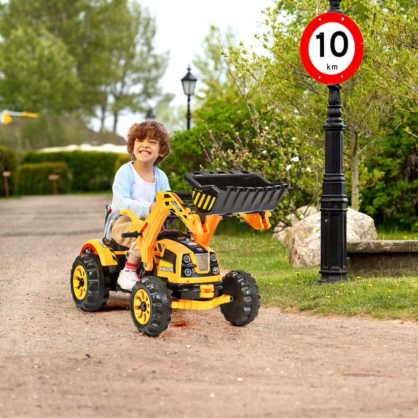 Honey Joy Ride On Excavator, 12V Battery Powered Construction Vehicles For Kids, Front Loader Shovel W/Horn, 2 Speeds, Forward/Backward, Safety Belt, Kids Bulldozer For Boys Girls(Yellow)