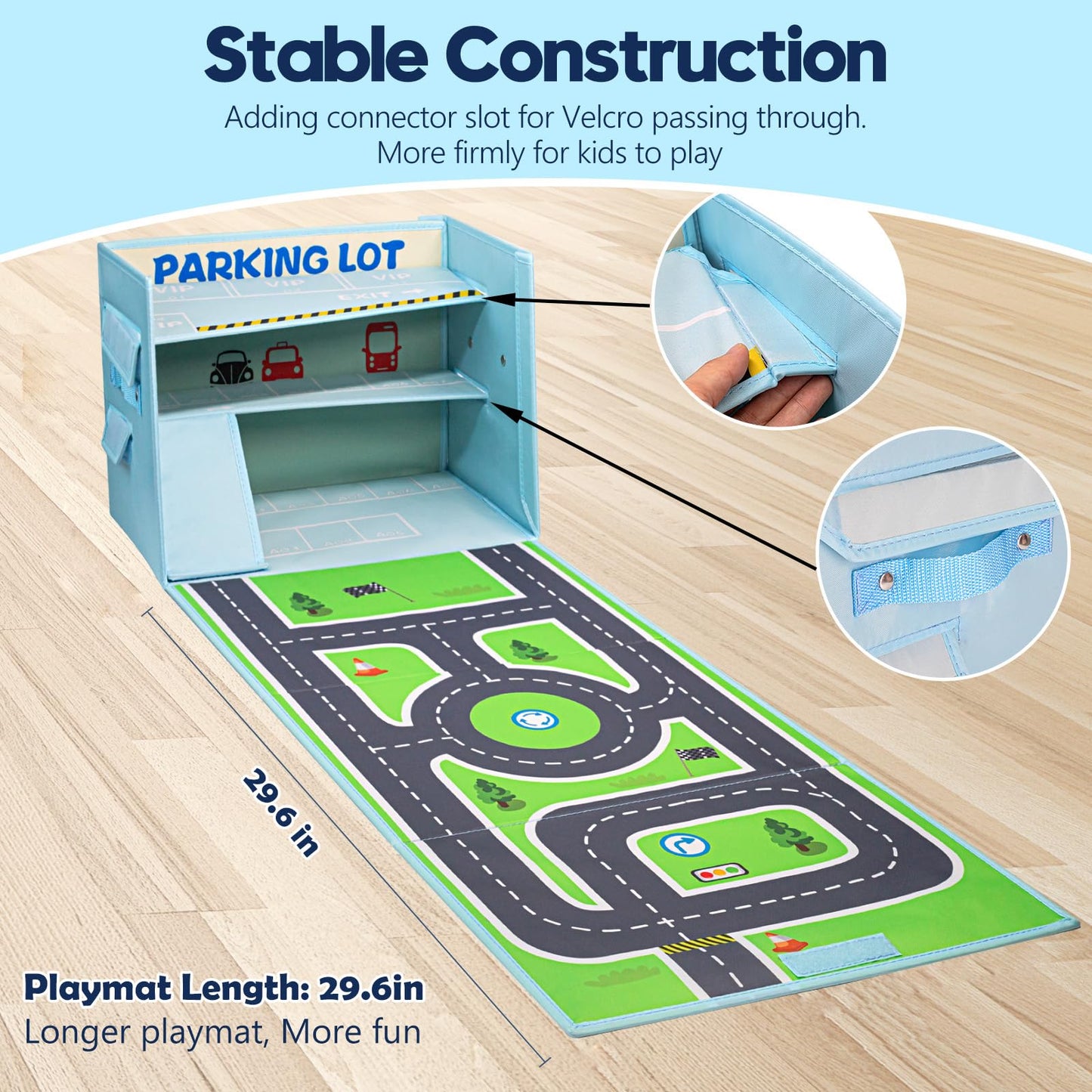 Livememory Toy Car Garage Box - Blue Fabric Storage with Play Mat (Cars Not Included)