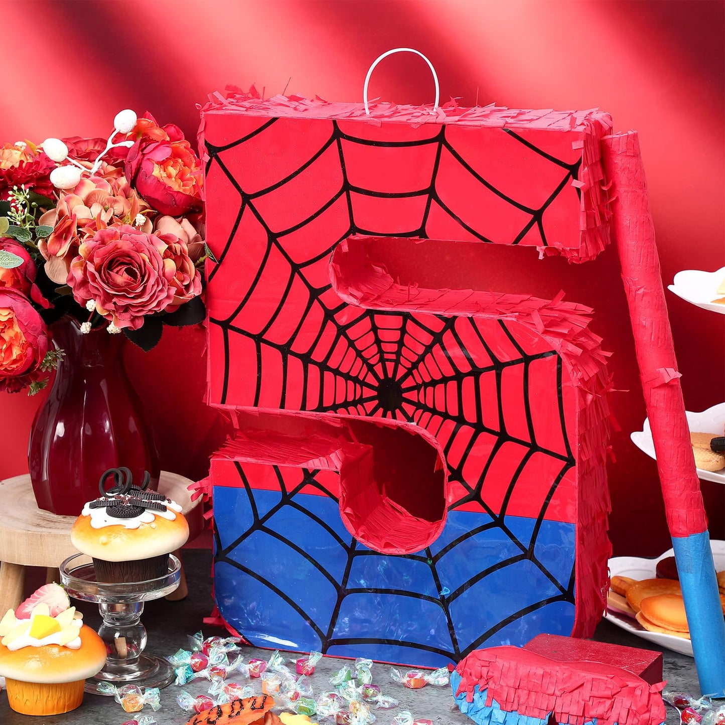 Simgoing Number 5 Spider Web Piata Bundle with Blindfold Small Piata Birthday Party Decoration for Mexican Fiesta Cinco De Mayo