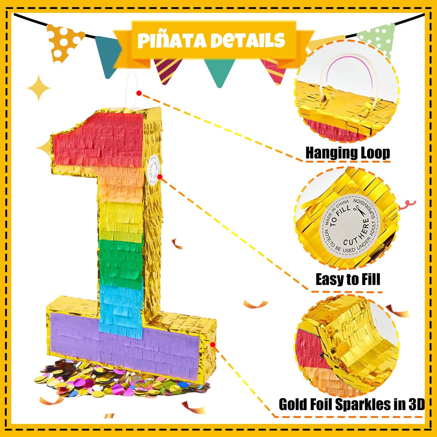 PCFING 20 Inch Number 1 Piata Rainbow with 30 Inch Piata Stick Blindfold Confetti for Boy Girl Kids Birthday Party Decorations,