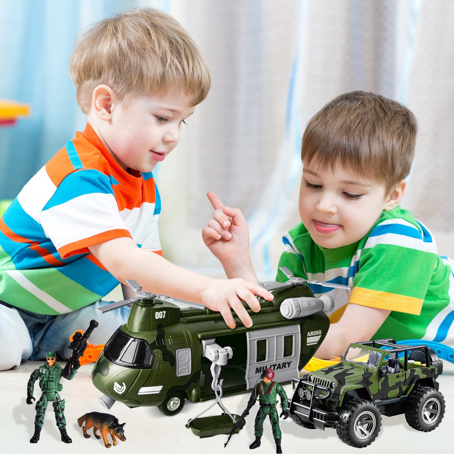 JOYIN Military Vehicles Toy Set of Friction Powered Transport Helicopter and Military Truck with Light and Sound Siren and Army Men Soldier Action Figures for Kids  Presents for Kids