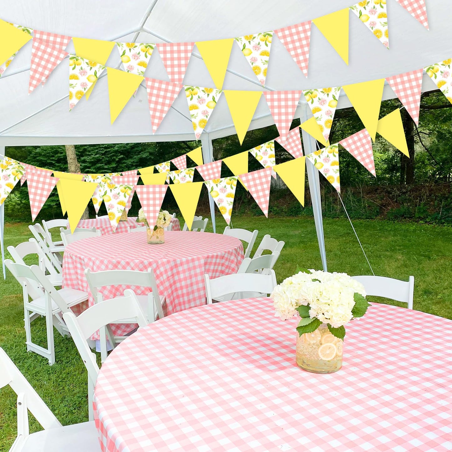 Lemon Party Decorations - 3PCS Lemon Bunting Banners, Pink and Yellow Lemon Triangle Banner Garland for Lemonade Wedding Engagem