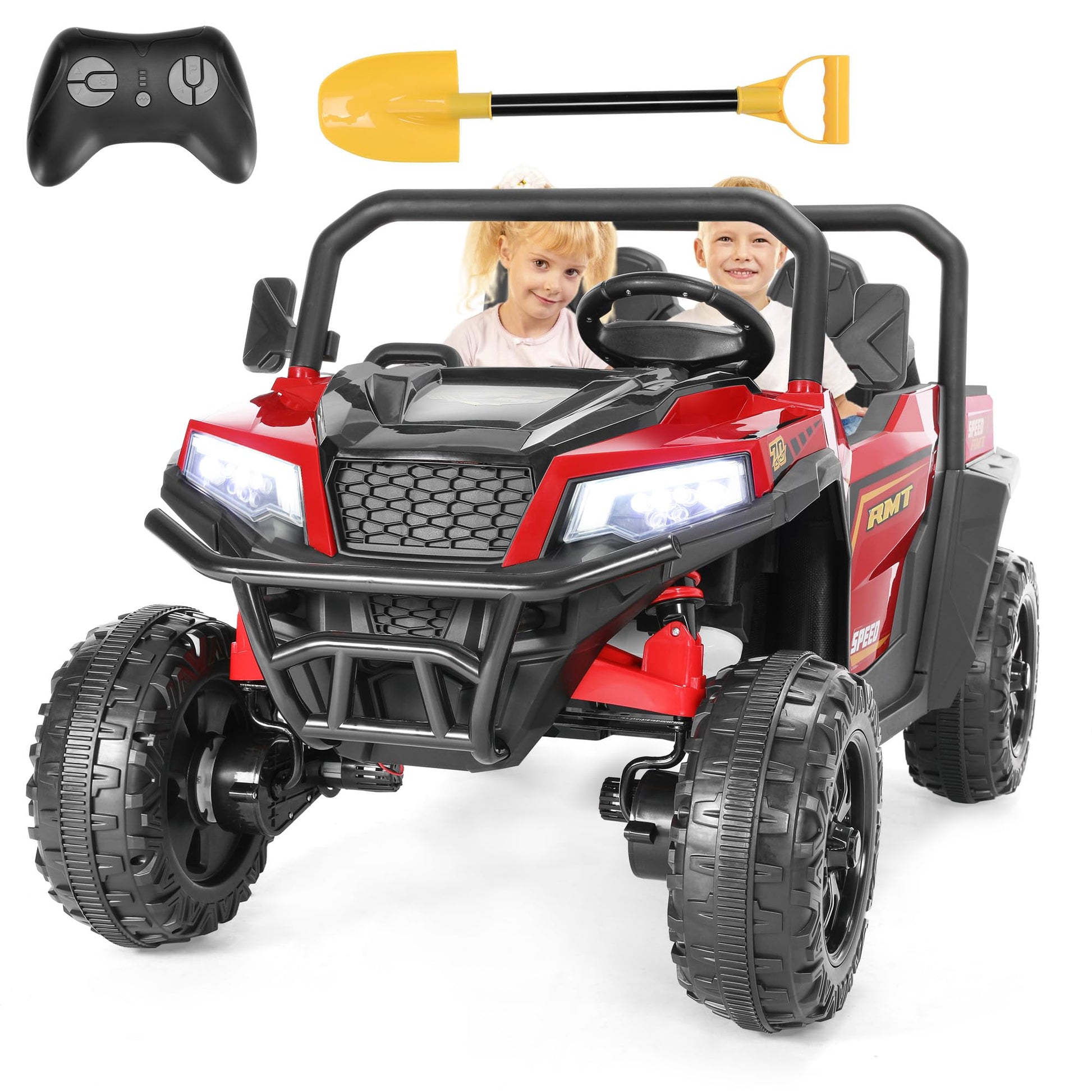 FUNTOK 2 Seater Ride On UTV Car, 24V Kids Electric Dump Truck w/Remote Control, Dump Bed, 4x200W Motors, 4WD/2WD Switch, Max 5 M