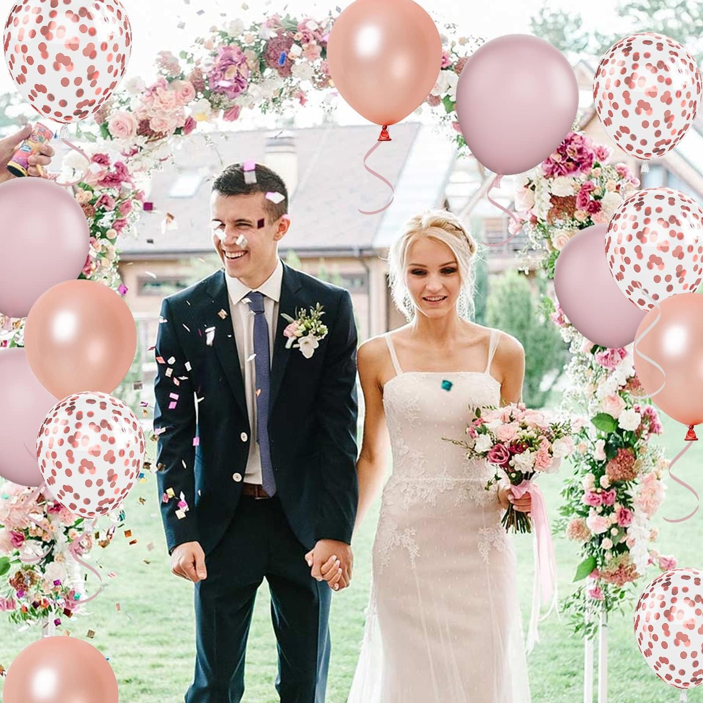 Rose Gold Pink Balloons, 60 Pcs 12 Inch Rose Gold Pastel Pink Birthday Balloons With Rose Gold Confetti Balloons, Pink Helium Ba