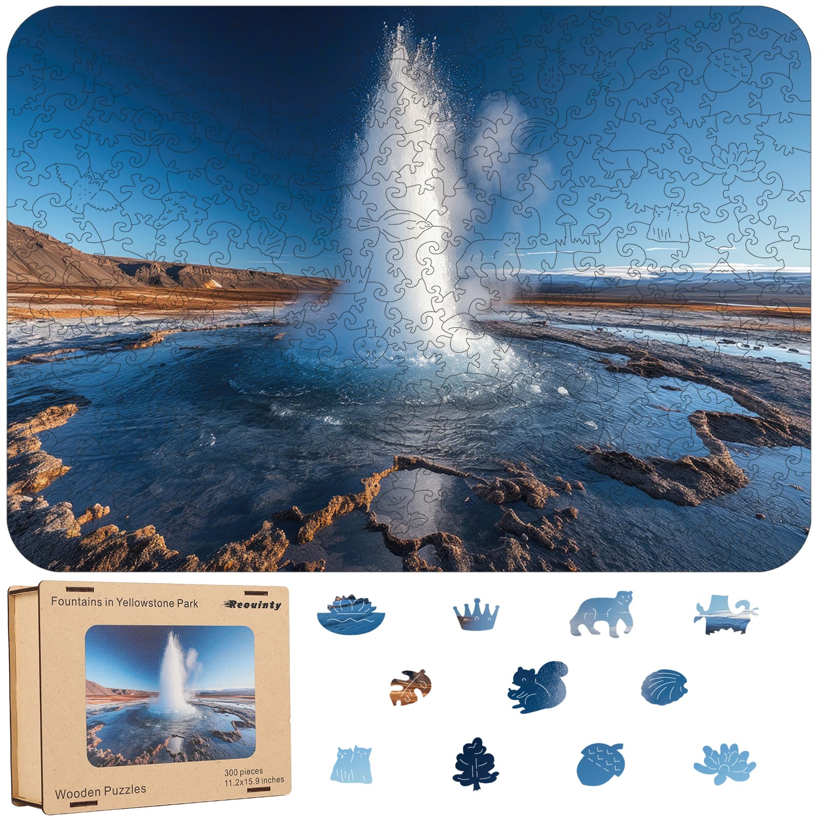 Wooden Puzzle for Adult 500 Piece, Fountains of Yellowstone Park, Landscape Jigsaw Puzzle, Spring Puzzle, Wooden Puzzle for Vale