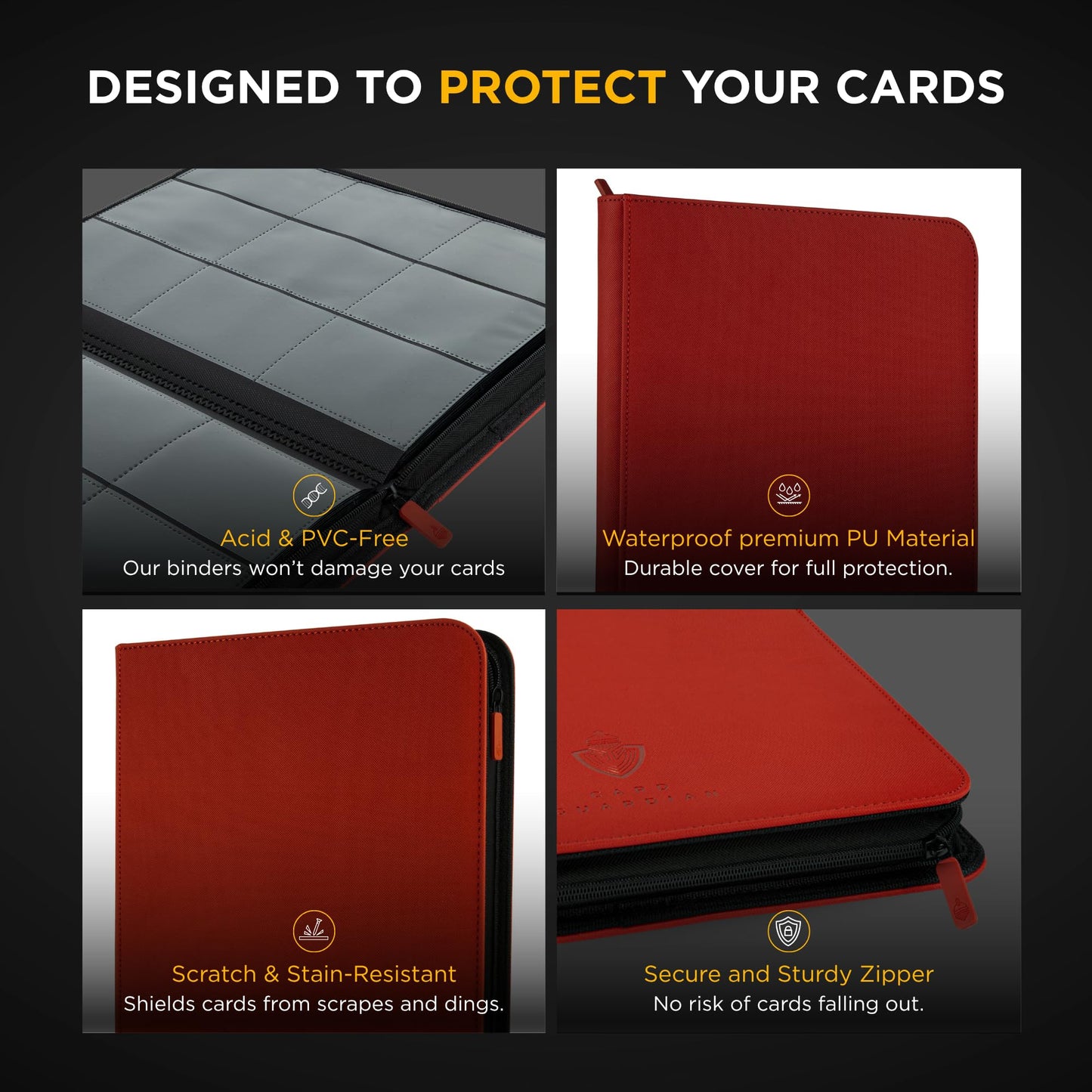 Card Guardian - 9 Pocket enhanced Binder with Zipper for 360 cards - side loading pockets for Trading Card Games TCG (Red)