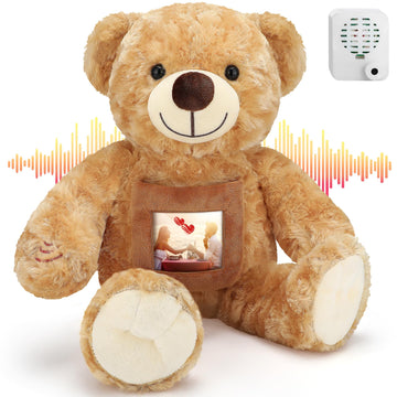 Leyndo Bear With Voice Recording Remembrance Stuffed Animal With Picture Recordable Messages Memorial Toy For Baby Shower Birthday Gift, Recording Gifts(Brown, 18 Inch)