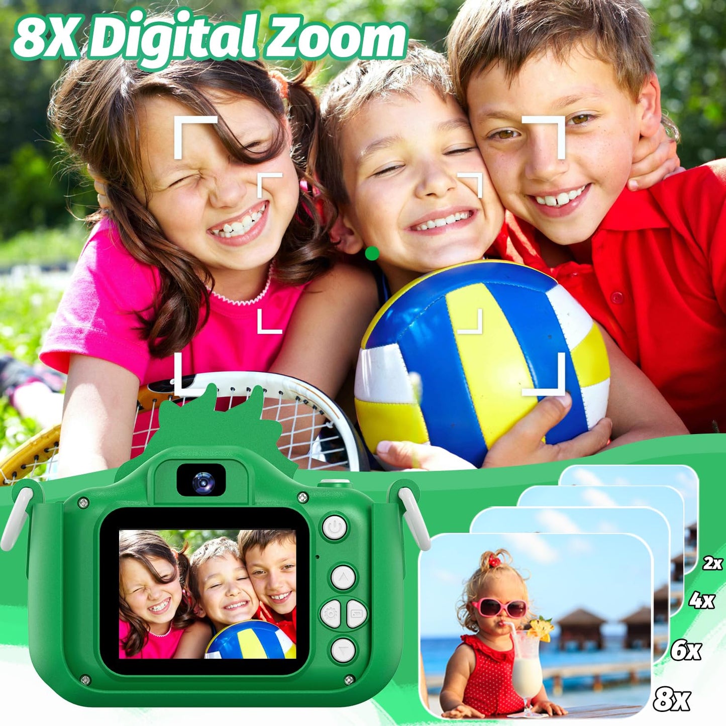 goopow Kids Selfie Camera Toy - Digital Video Camera for Girls Age 3-9, Green-H25, Small, Includes 32GB SD Card, ABS Material