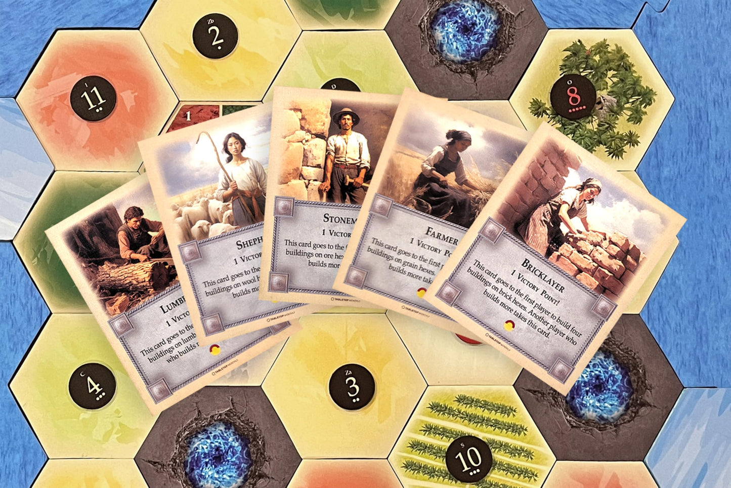 Tabletop Monthly Professions Victory Point Cards, Bricklayer, Stonemason, Farmer, Shepherd, Lumberjack, Compatible With Catan'S