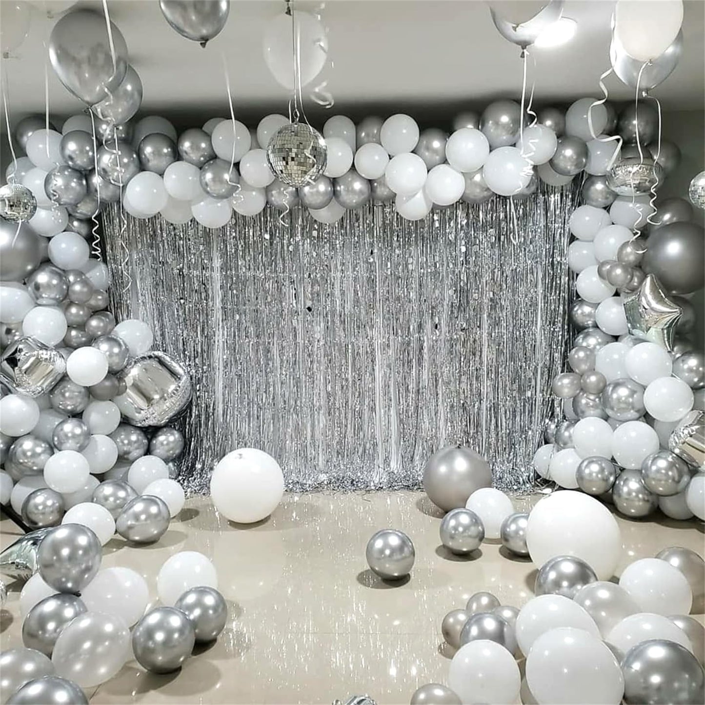 Silver And White Balloons, 12 Inch Metallic Silver White Latex Balloons Set Decor With Silver Confetti Helium Balloons For Boys