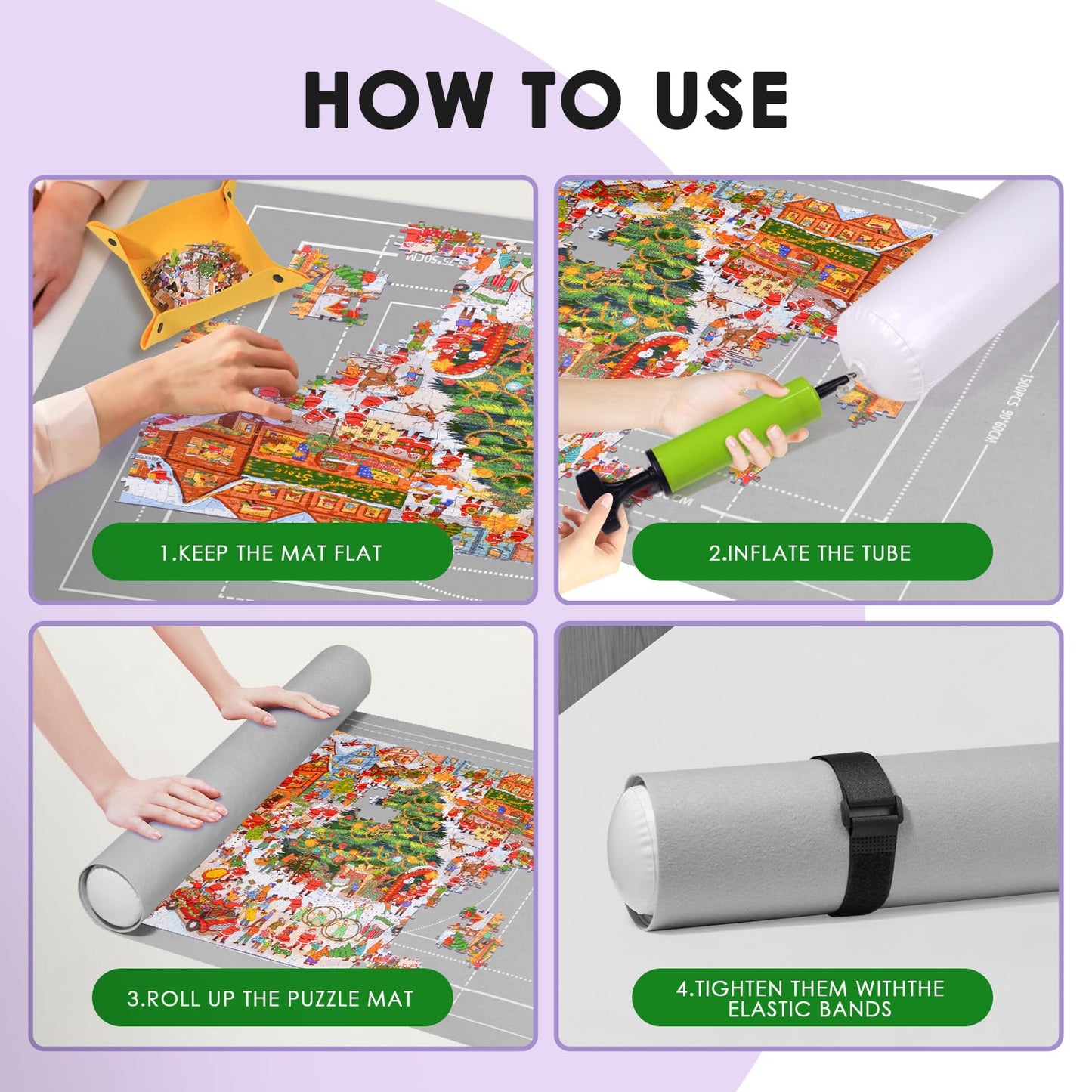 FELIZROCA Puzzle Mat - 1500 Pieces Jigsaw, Felt Roll-Up Mat for Adults With Glue, Applicator, 4 Sorting Trays, Storage Bag & Pum