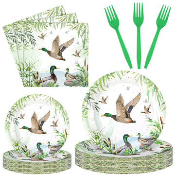 Sunnyray 96 Pcs Mallard Duck Party Decorations Supplies Duck Hunting Birthday Party Tableware Set Mallard Duck Baby Shower Plate
