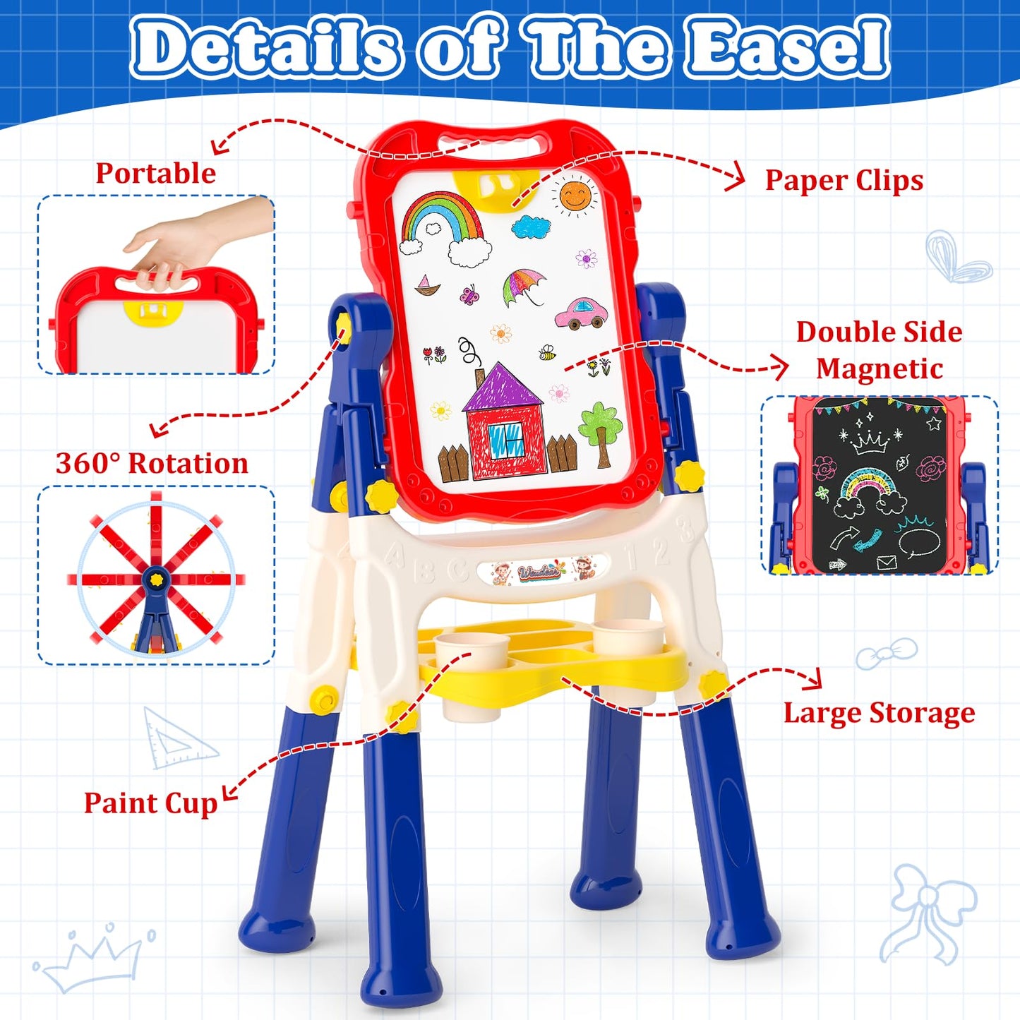 Weudear Double-Sided Magnetic Kids Art Easel, Small, Blue, Plastic, Model W-PLAS-EA-BU, Ideal for 3+ Year Olds