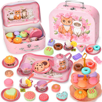 Lajeje Cat Tea Party Set for Little Girls - 49pcs Pretend Play Toy, Birthday Gift for Toddlers Ages 3 4 5 6 Year Old, Includes K
