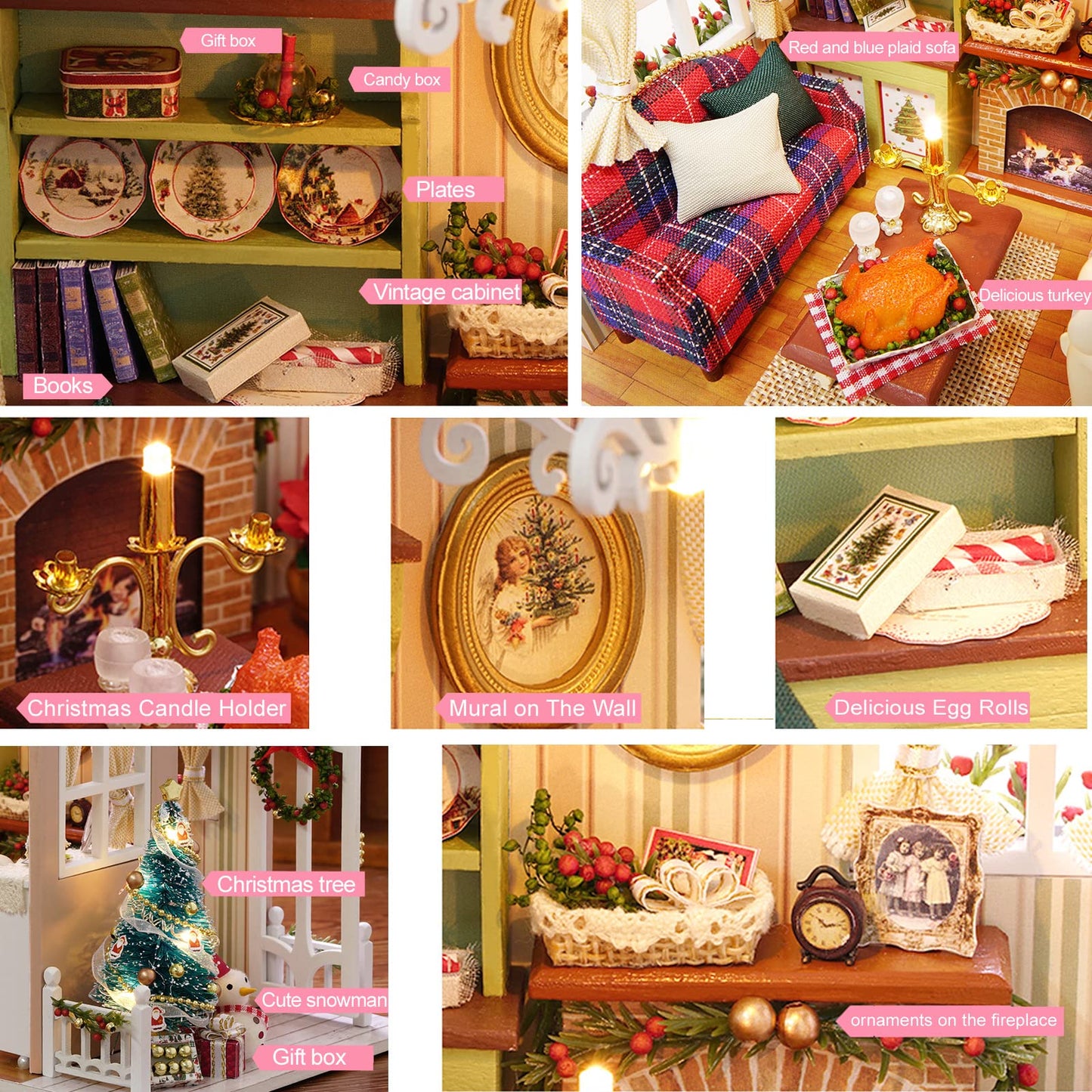 Diy Miniature Dollhouse Kit Realistic Mini 3D Wooden Mini Doll House Room With Furniture Led Lights Christmas Decoration Birthday Gift For Kids Teens Adults (Holiday Time)