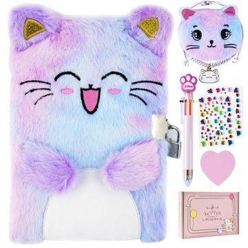 Pjdrllc Cat Diary With Lock, Gift For 6 7 8 Year Old Girl, Secret Diary Journal Notebook With Coin Purse, Multicolored Pen, Post-It Note, Stickers, Practical Gift For Birthday (A Happy Cat)