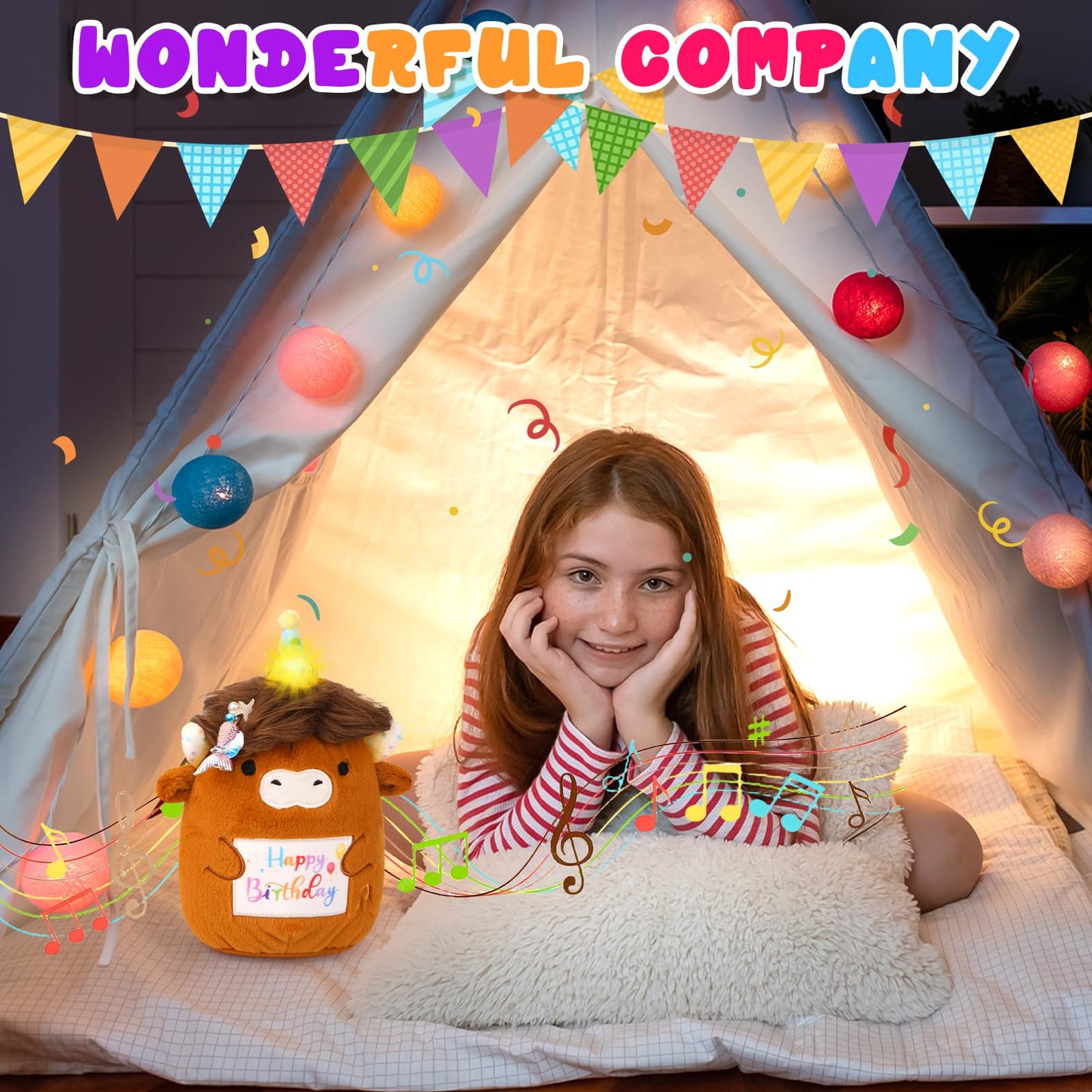 Highland Cow Birthday Stuffed Animal,8inch Long Hair Cow Plush with Happy Brithday Song Led Ligth Hat,Huggable Brown Plush Cow C