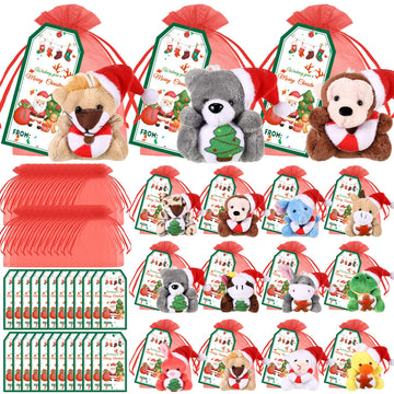 Wiwiqing 24 Set Christmas Mini Stuffed Animals Toy With Xmas Cards And Organza Bags Tiny Christmas Keychain Animal Plush Toys Fo