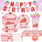 146Pcs Strawberry Plates and Napkins strawberry Party Supplies Includes Plates, Napkin, Fork, Cup, Straw, Tablecloth, Banner for