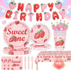 146Pcs Strawberry Plates and Napkins strawberry Party Supplies Includes Plates, Napkin, Fork, Cup, Straw, Tablecloth, Banner for