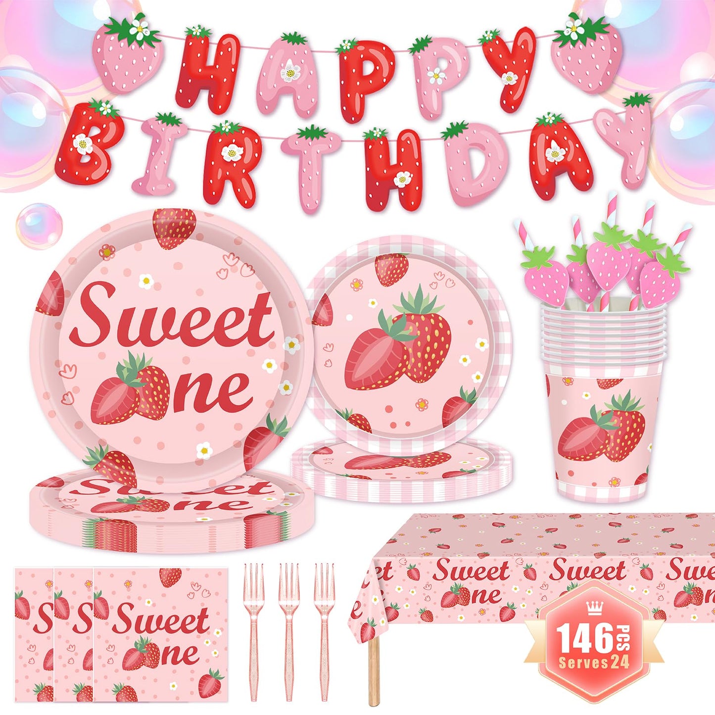 146Pcs Strawberry Plates and Napkins strawberry Party Supplies Includes Plates, Napkin, Fork, Cup, Straw, Tablecloth, Banner for