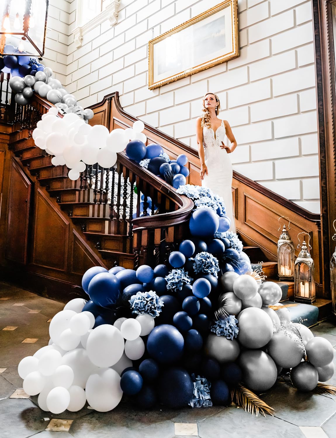 Haolongfa Navy Blue And Silver Balloons,12 Inch 60Pcs Navy Blue Balloons With Silver Confetti Balloons,Pearl White Latex Balloon