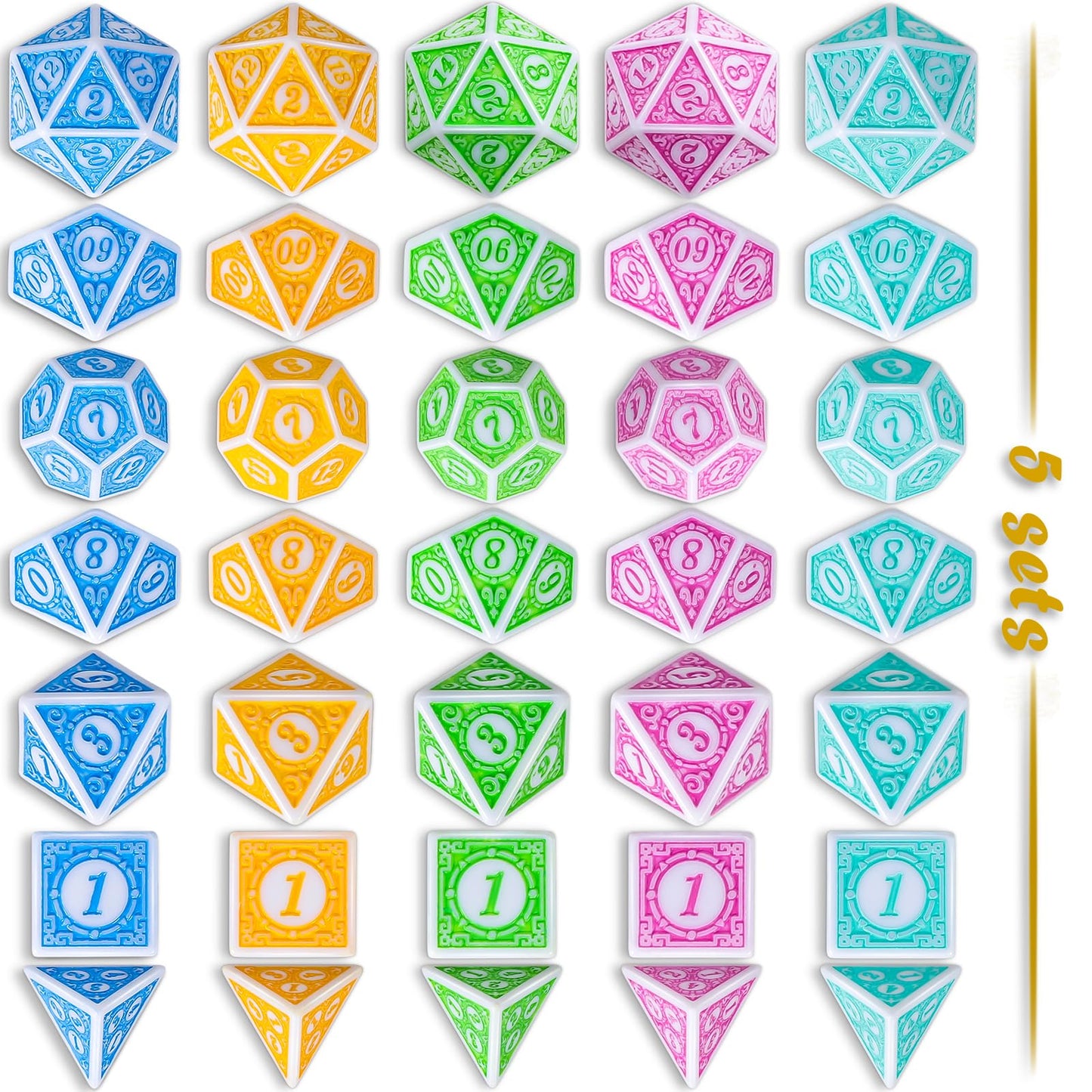 CiaraQ DND Dice with 5 Pouches, 5 Sets of Retro Polyhedral Dice for MTG D&D Board Games, 35 Pieces Role Playing Dice