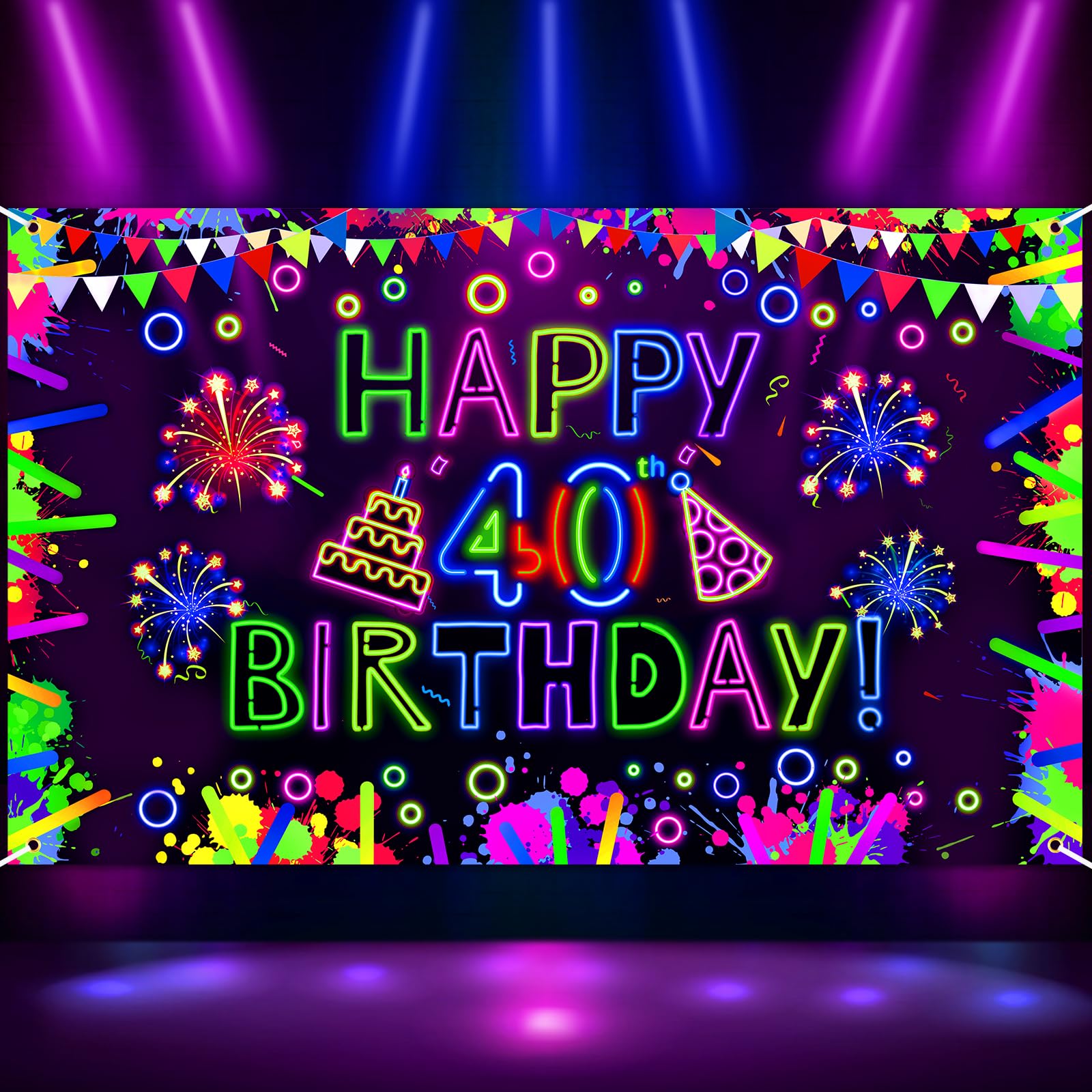 Neon Birthday Party Decorations Neon Happy 40th Birthday Banner Glow in The Dark Party Decorations with UV Black Light Reactive 