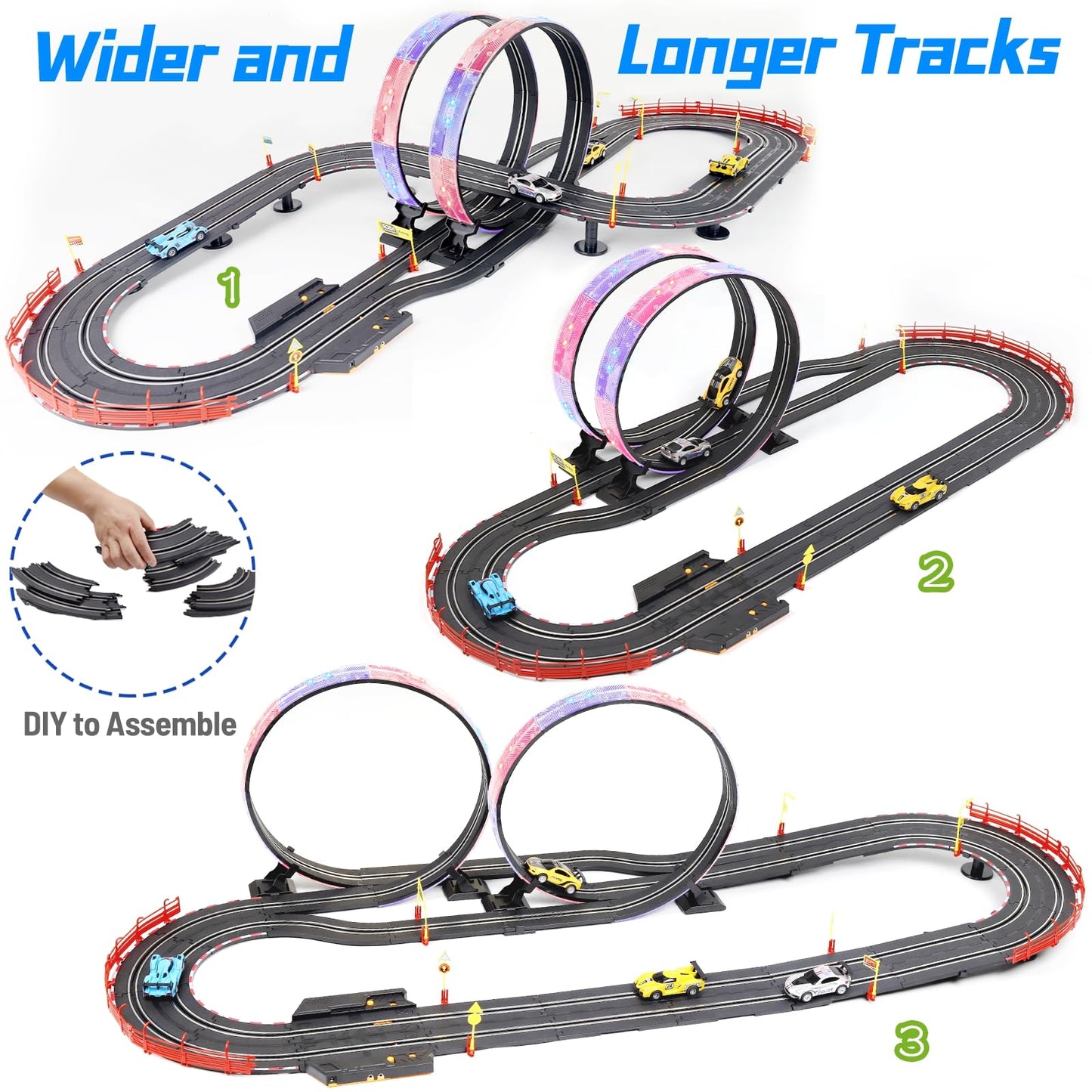 Slot Car Race Track Sets, 19Ft Electric Track With Led Lights And 4 Slot Cars, 2 Hand Controller And Racing Game Lap Counters, Race Track Set Features A Loop, Turns, And A Crossover For Boys Age 6-12