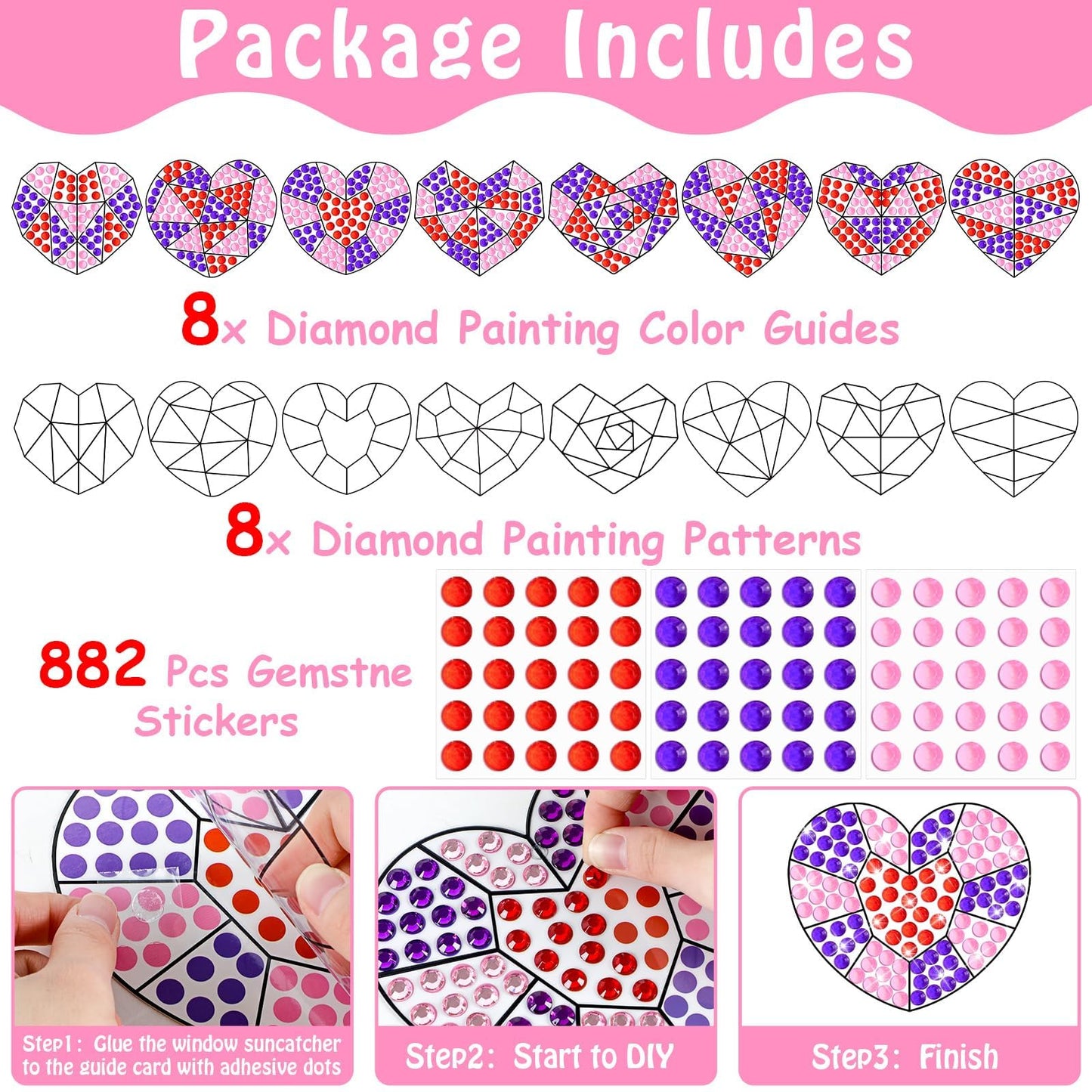 Qyeahkj 8 Pcs Valentines Day Arts Crafts Kit DIY Heart Gems Diamond Suncatcher Crafts for Kids Valentines Gemstones Painting Gi