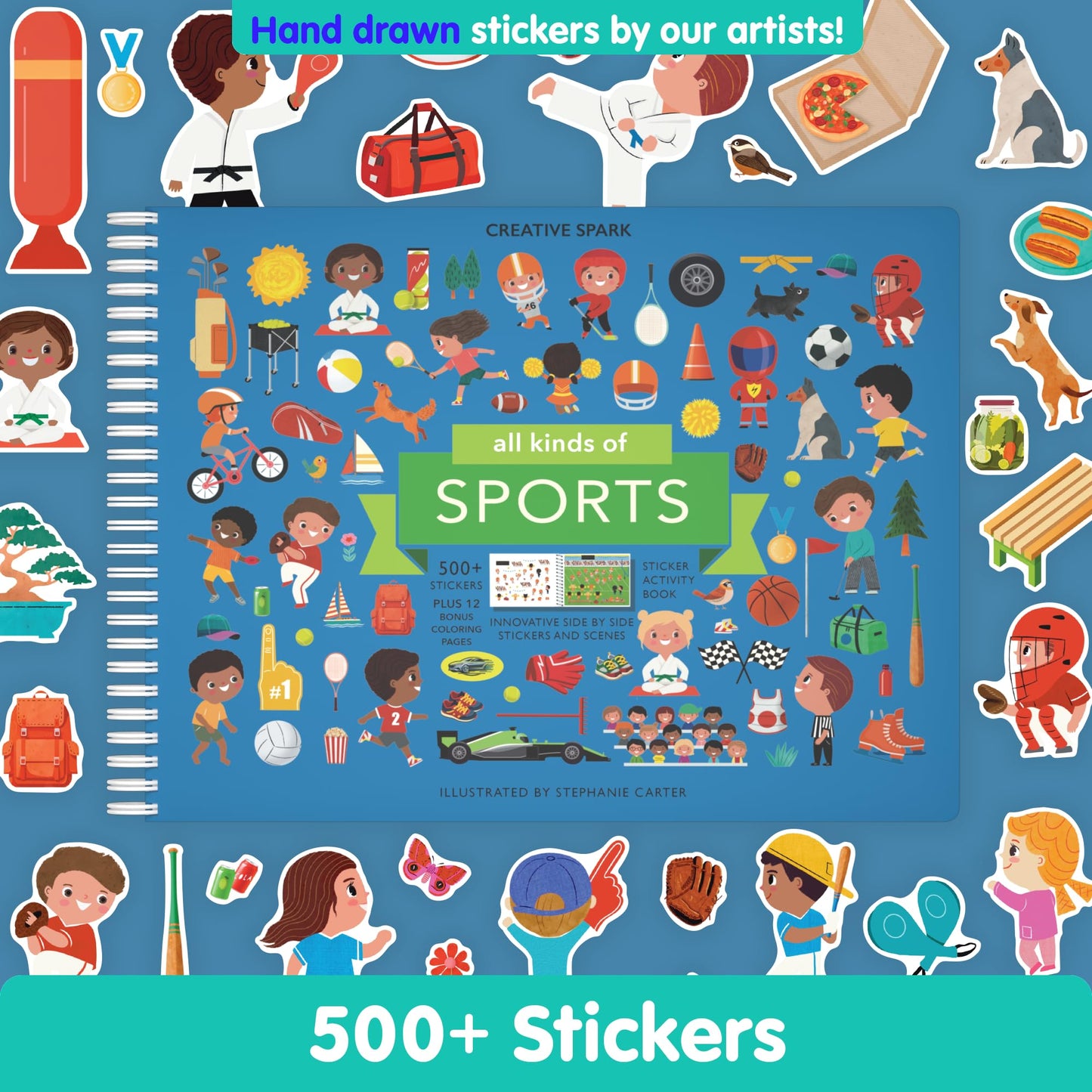 CUPKIN Sticker Book for Kids - 500+ Sports Stickers, 12 Coloring Pages, Fun Activity for Ages 4-10, Travel-Friendly