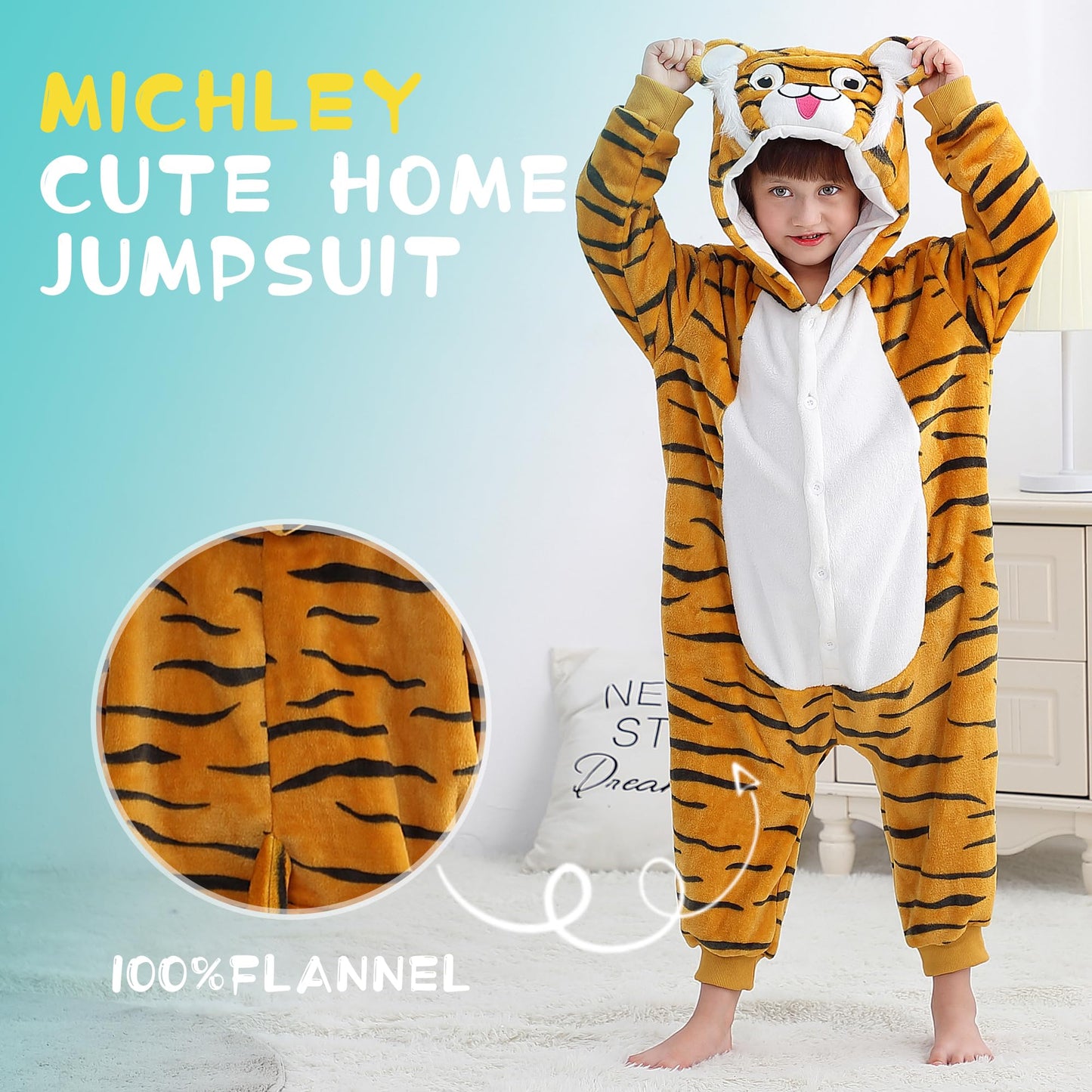 Michley Animal Hooded Romper Kids Flannel Halloween Cosplay Pajamas Costume 3-12T For Autumn Winter, Tiger, 9-10T, Size130