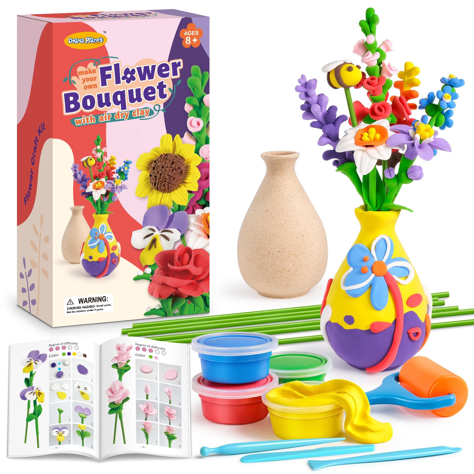 Drama Planet Flower Craft Kit for Kids, Make Your Own Flower Bouquet with Air Dry Clay, Arrange Clay Flowers & Create Personaliz
