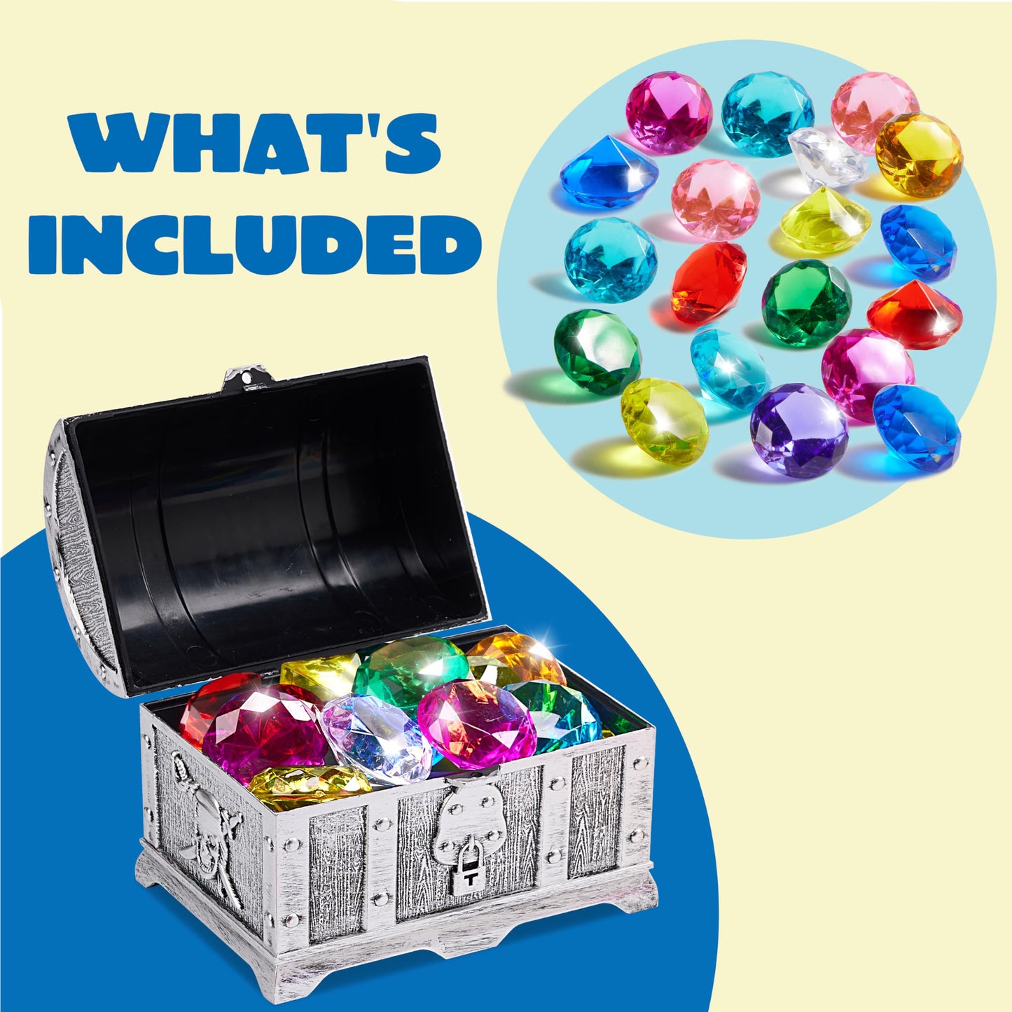 Sloosh Diving Gems Pool Toys  16 Big Colorful Diamond with Pirate Treasure Chest  Swim Dive Toy for Kids Underwater Gemstone Swimming Training Gift Water Toys Pool Games(Silver)
