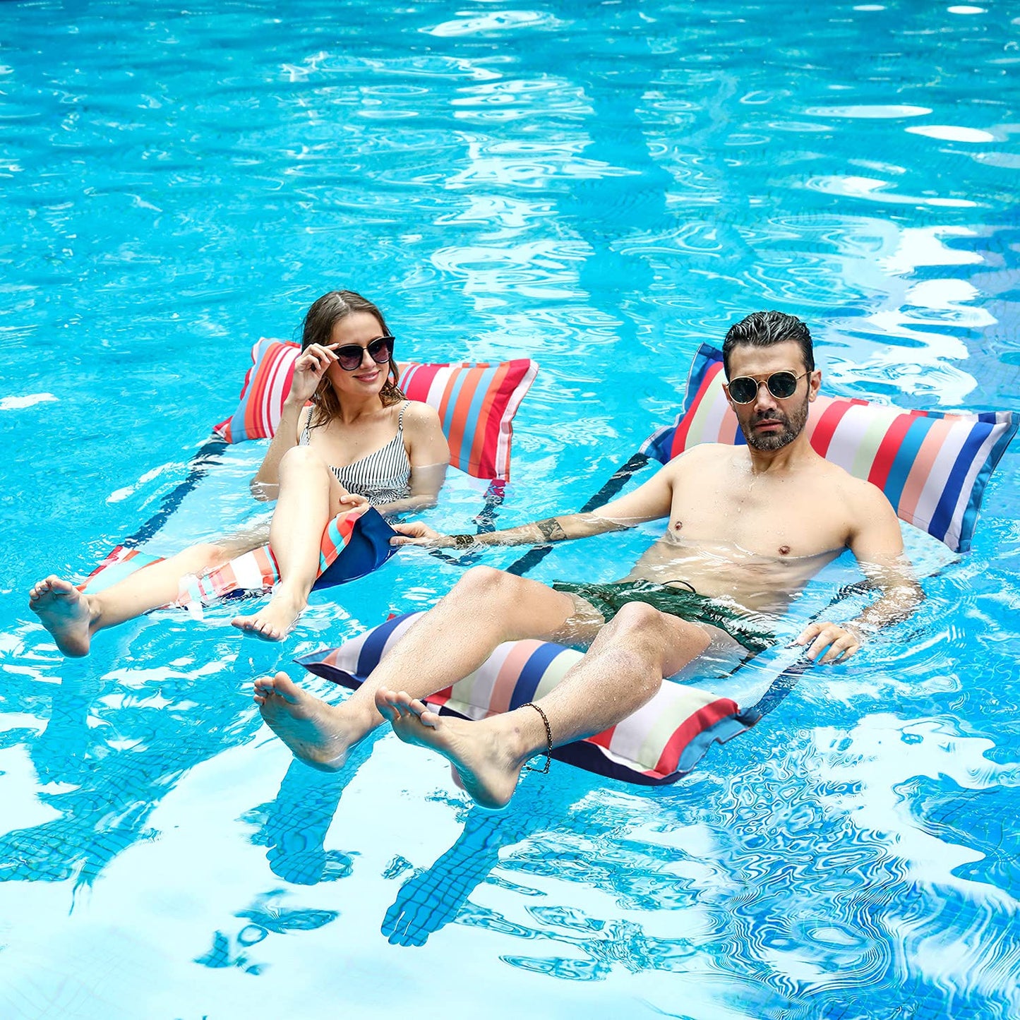 FindUWill Pool Floats mature-themed with Fabric Headrest  2-Pack Pool Float 4in1 (Saddle  Lounge Chair  Hck  Drifter)  Inflatabale Floaties Toys for Pool Party  Poolside Party  Beach Vacation
