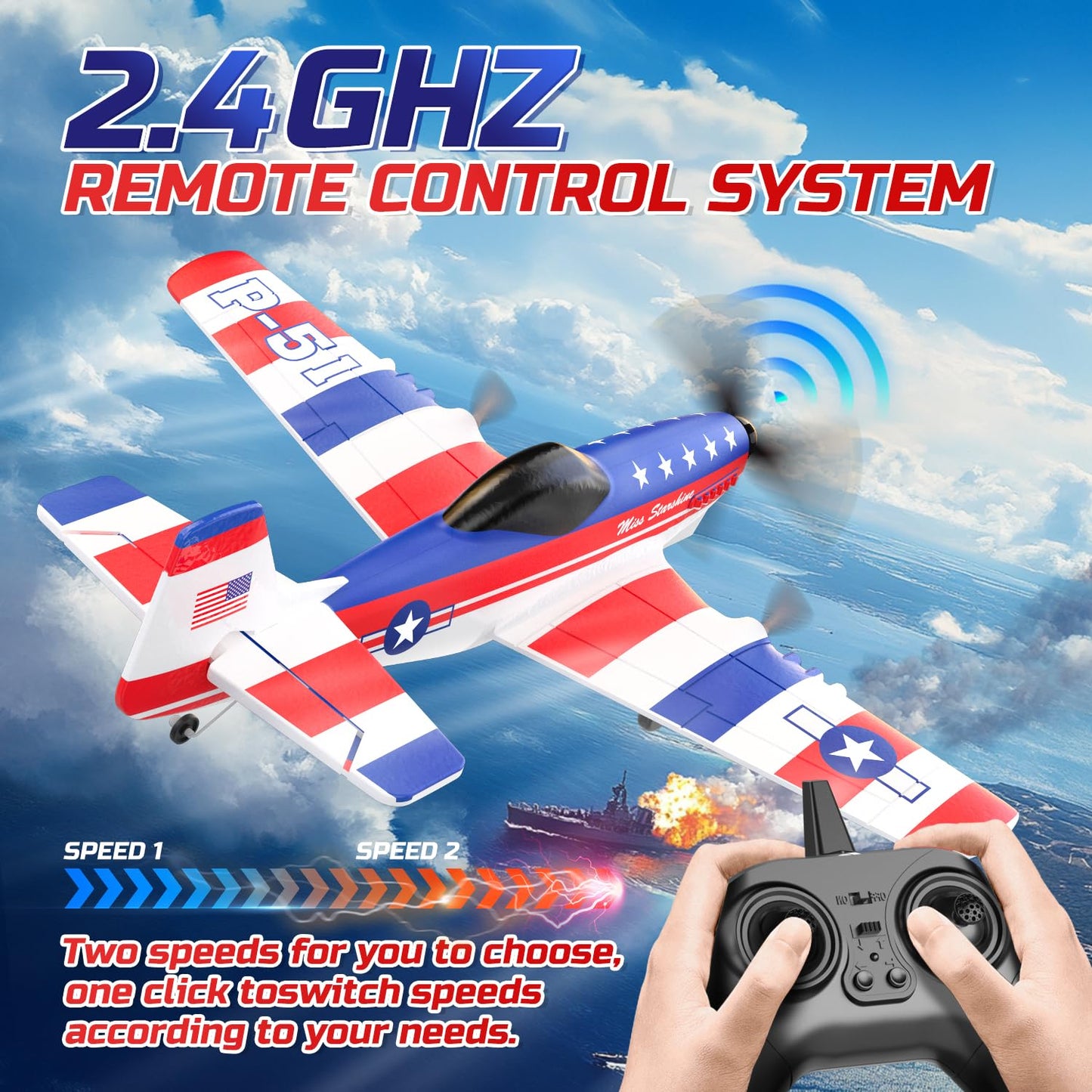 Deerc Rc Plane 3 Channel P51D Mustang Remote Control Airplane Fighter Toys,2.4Ghz 6-Axis Gyro Stabilizer Rtf Glider Aircraft Pla