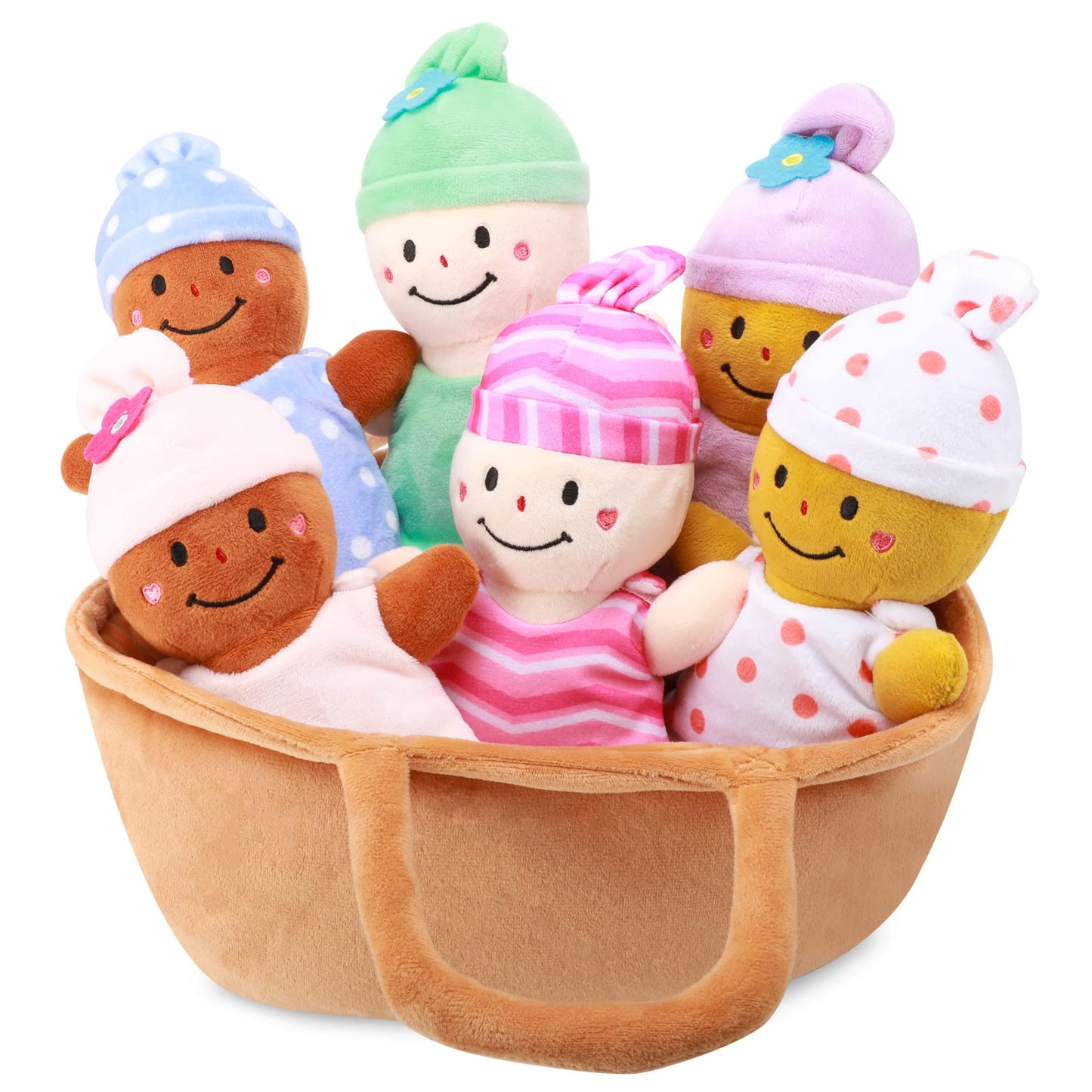 Qpewep Basket Plush Baby Dolls Soft Multicultural Sensory Babies Toy Set 6 Piece Interchangeable Clothes Stuffed Plush Figures For All Ages Gift