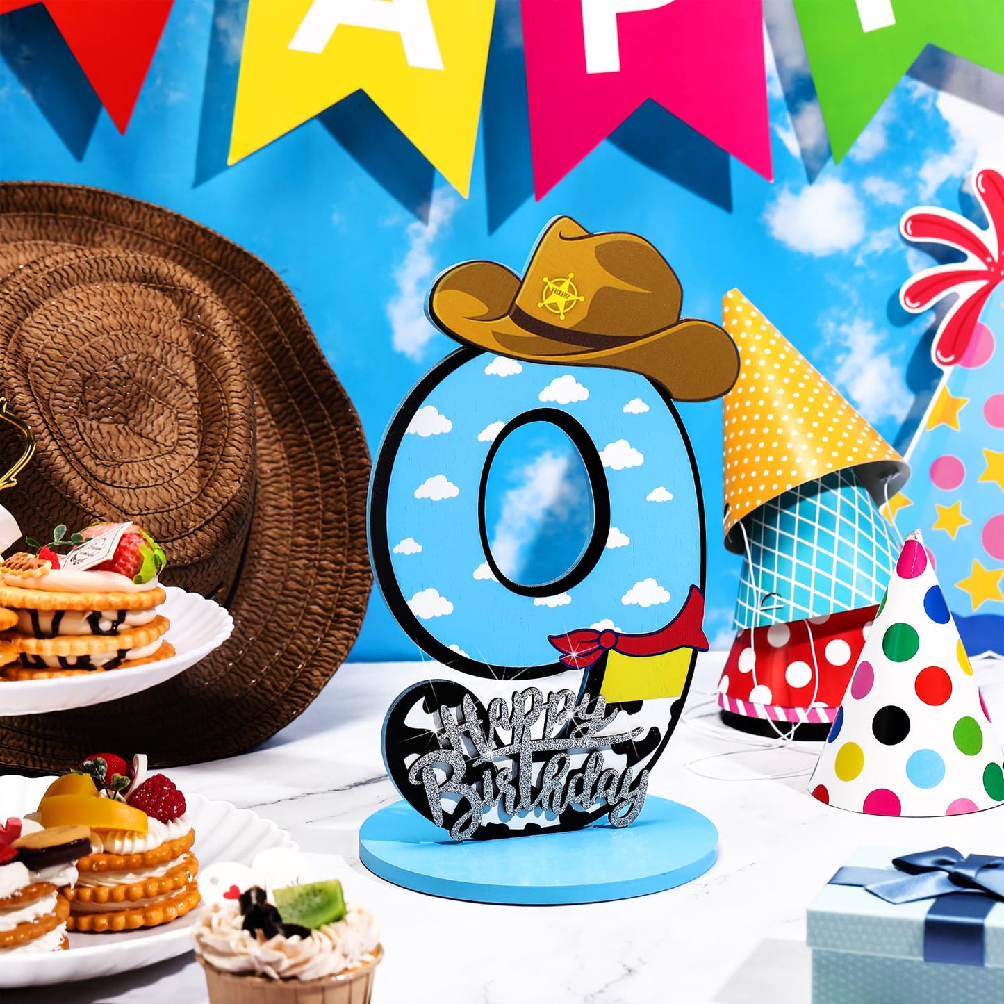 Vercraft Toy Theme 9th Birthday Party Number Centerpiece Cartoon Party Number Sign Blue Sky and White Cloud Cow Birthday Sign fo