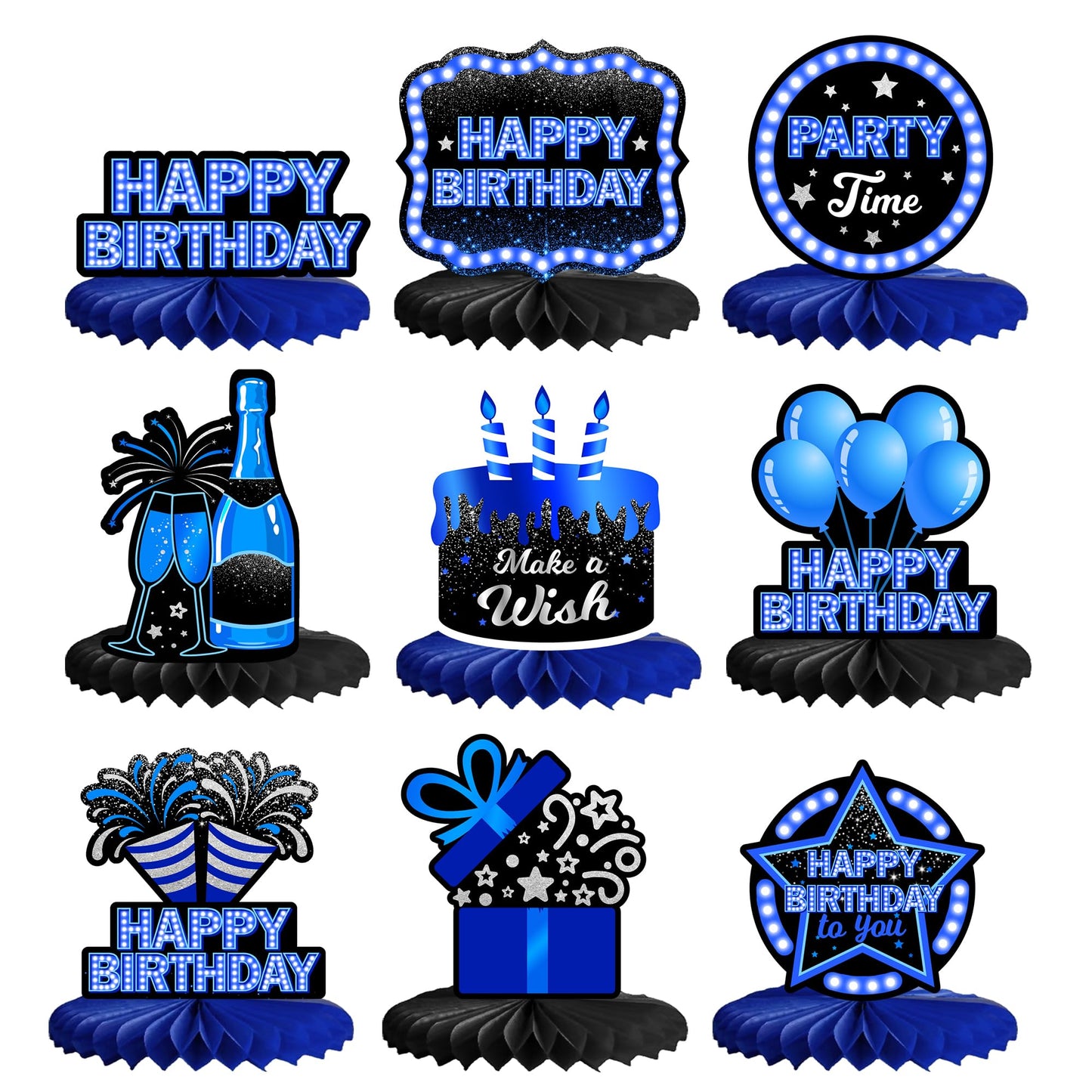Happy Birthday Honeycomb Centerpieces 9Pcs Stylish Sophisticated Blue Neon Theme Table Decor for Men Women Boys Girls Birthday P